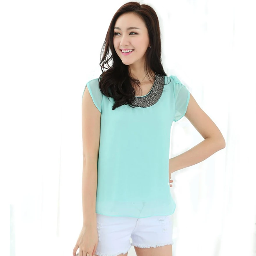 Light Green Эксклюзивный 9 цветов, S-4XL, новинка, Свободная Женская блузка, шифон, повседневная, с бисером, блузка, пуловер, рубашка, топы, сорочка, Femme, большой размер#1006 - Цвет: Light Green