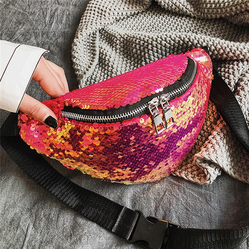 Модная женская поясная сумка из искусственной кожи с блестками Элегантная