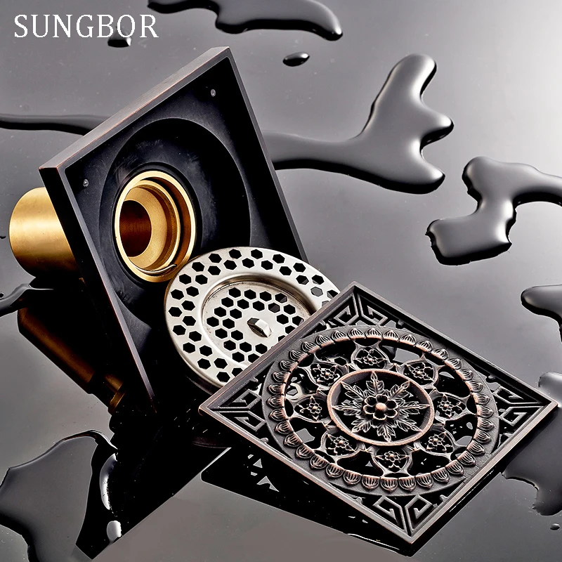 Винтажная художественная черная латунная сливная ловушка для ванной комнаты 10*10