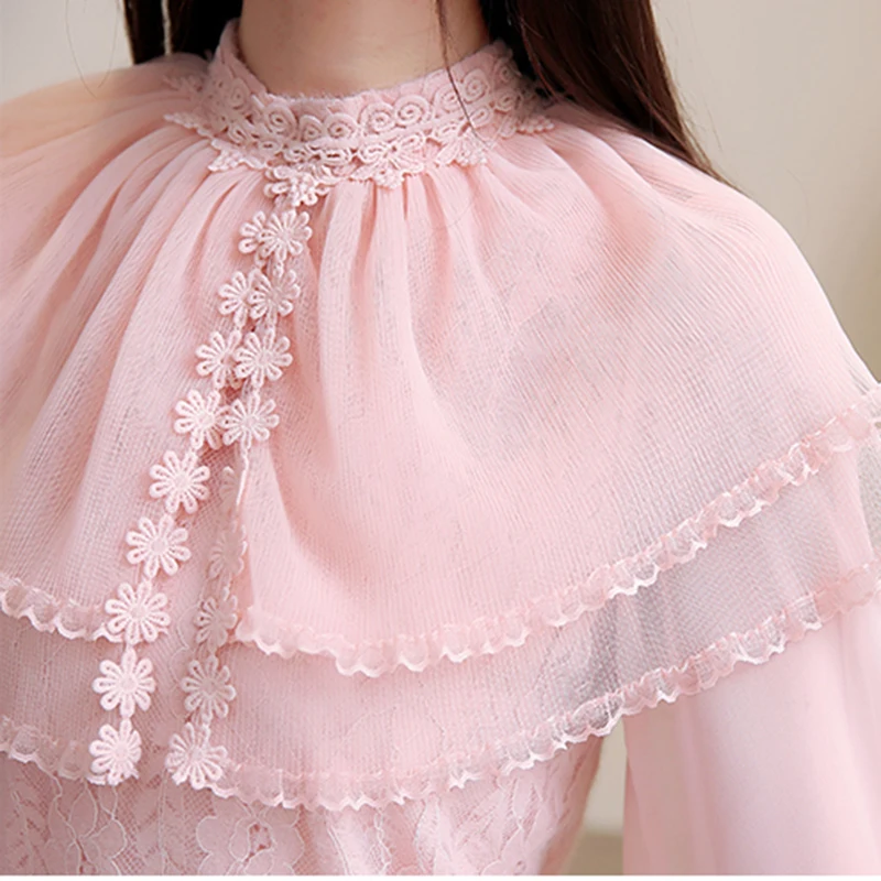 2019 Spring Chiffon Shirts Womens Long Sleeve Lace Blouses and Pullovers Patchwork Ruffles Elegant Ladies White Top Pink | Женская