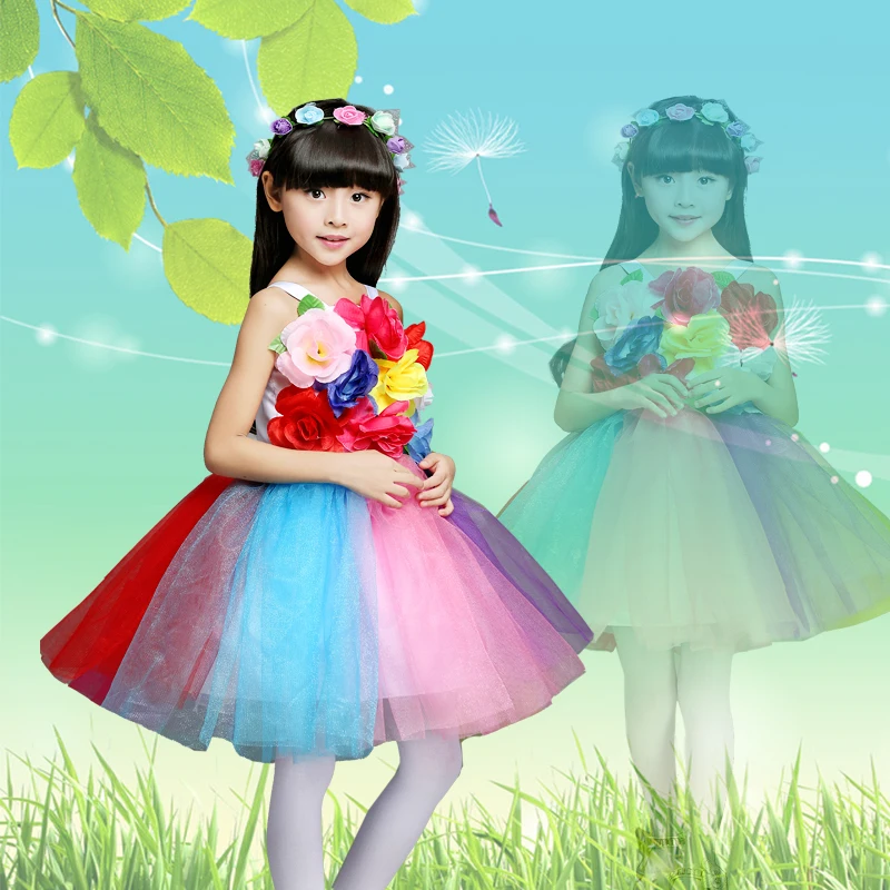 Детский танцевальный костюм для девочек Радужное платье сальсы с цветами |