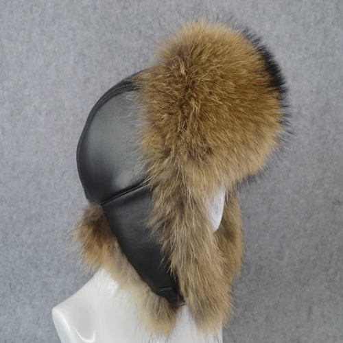 raccoon fur Новые зимние меховые шапки-бомберы с натуральным лисьим мехом, женская шапка из меха енота, русская ушанка, Толстая теплая шапка-бомбер из натуральной овечьей кожи - Цвет: raccoon fur