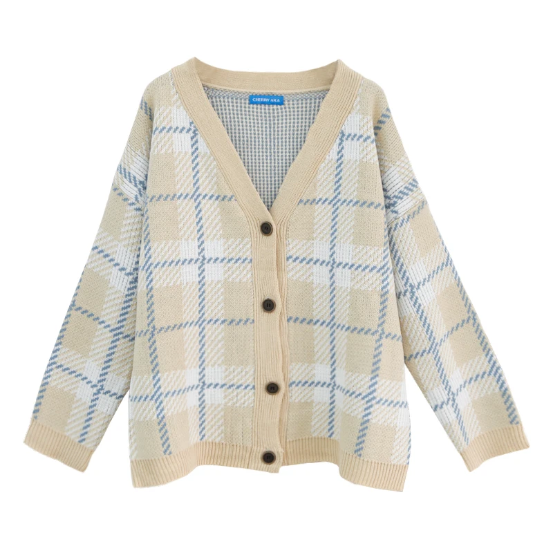 Женский трикотажный свитер в клетку с v-образным вырезом 2 цвета |