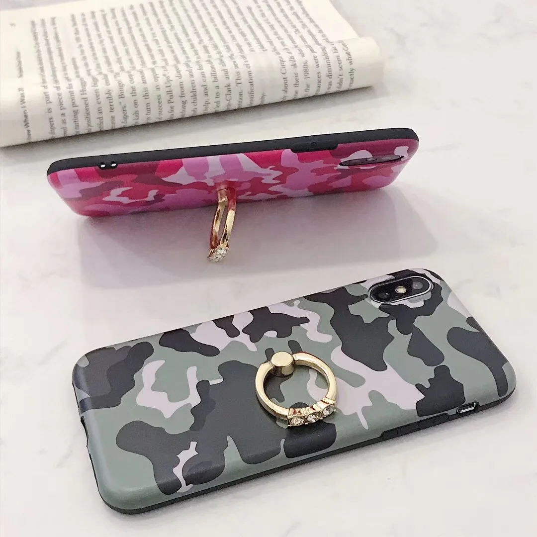 Fashion Camouflage Ring diamond flash phone case cover for iphone x xs max xr 8 7 6 6s plus Metal round bracket support coque |