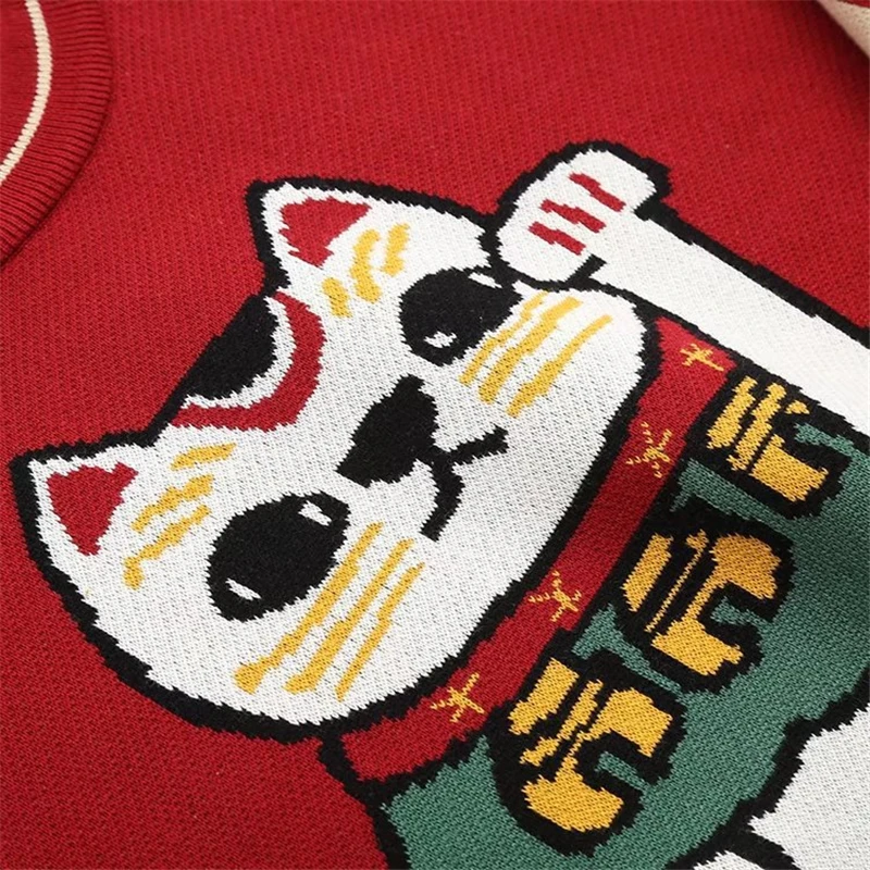 Веселые милые женские красные свитера с изображением из мультфильма Lucky Cat с вышивкой Harajuku Kawaii вязаный пуловер зимний свитер с длинным рукавом и круглым вырезом