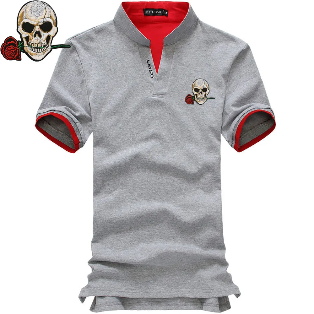 Short-Gray Летняя рубашка поло с коротким рукавом, Мужская Однотонная футболка с изображением розового черепа, трикотажные изделия с вышивкой, крутые мужские рубашки поло, рубашки для мужчин, большие размеры - Цвет: Short-Gray