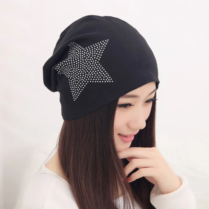 cheap promotion spring summer autumn winter women girl beauty beanies clear rhinestone star Pentacle luxury Skullies woman hats |