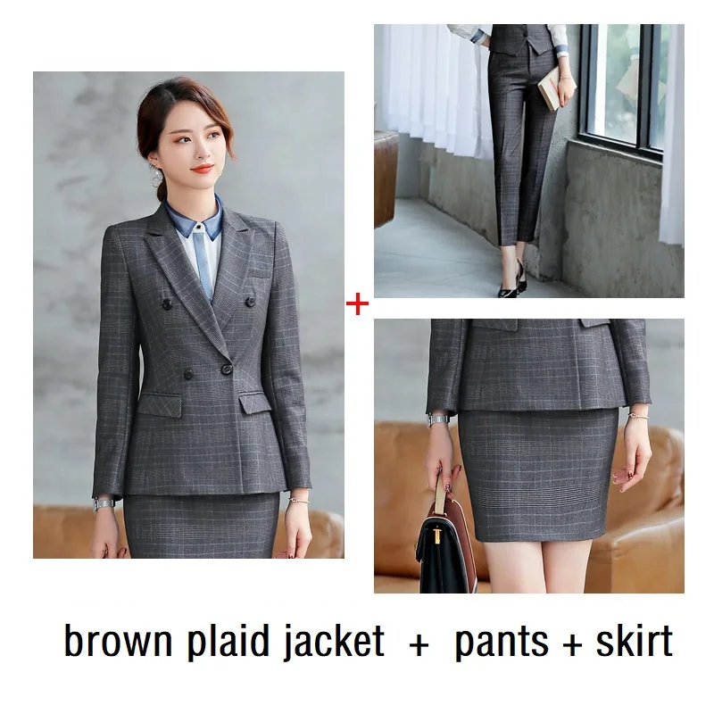 brown 3 pieces set Женские костюмы, тонкий пиджак в клетку с длинным рукавом и брюки, 2 предмета в комплекте, OL, официальные женские брюки, костюмы для женщин, костюмы 866 - Цвет: brown 3 pieces set
