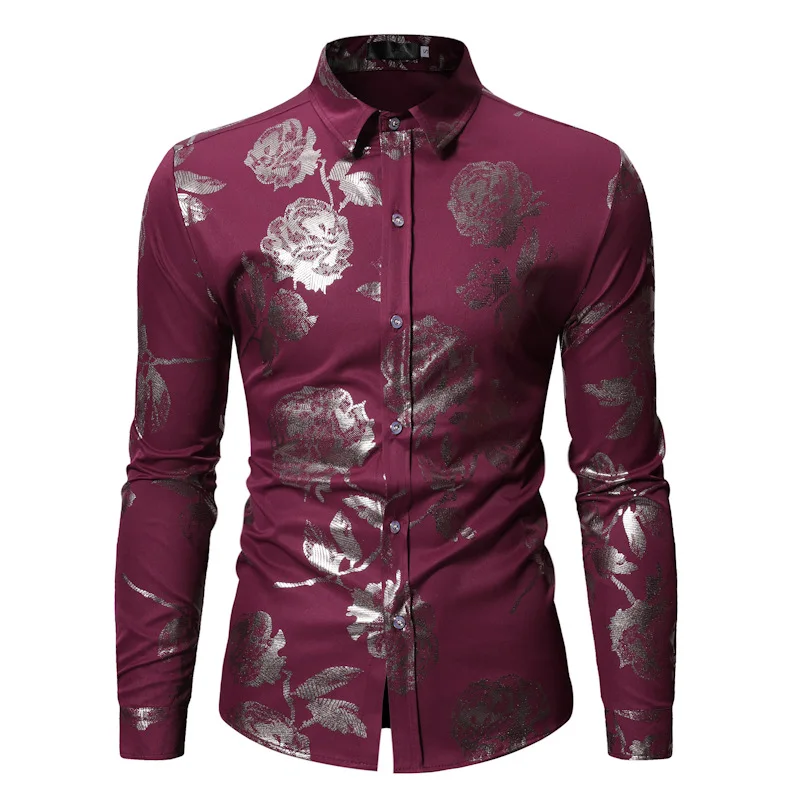Мужские Блестящие Серебряные Роза фольга Slim Fit вечернее платье с длинным рукавом
