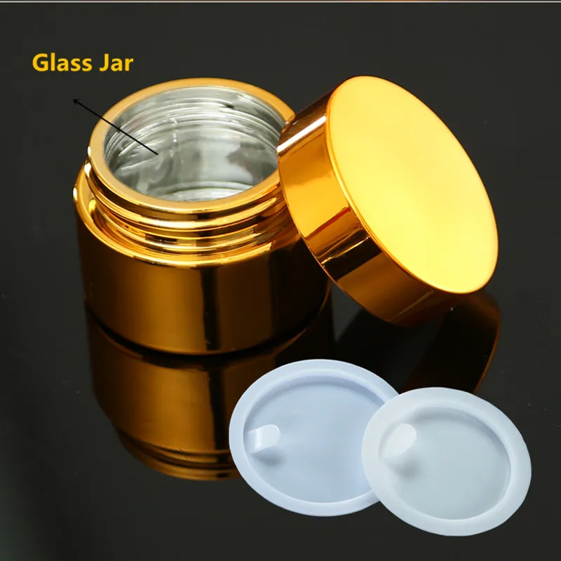 

5g 10g 30g 50g Empty UV Plating Golden Silver Glass Cosmetic Container,Refillable Cosmetic Pot Jar With Lid