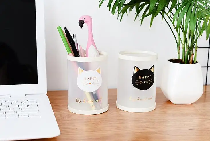 1 Pcs Kawaii Round Animal Cat Dog Number Starry Sky Office Desk PP Pen Holders Pencil Container Storage Organizer Stationery