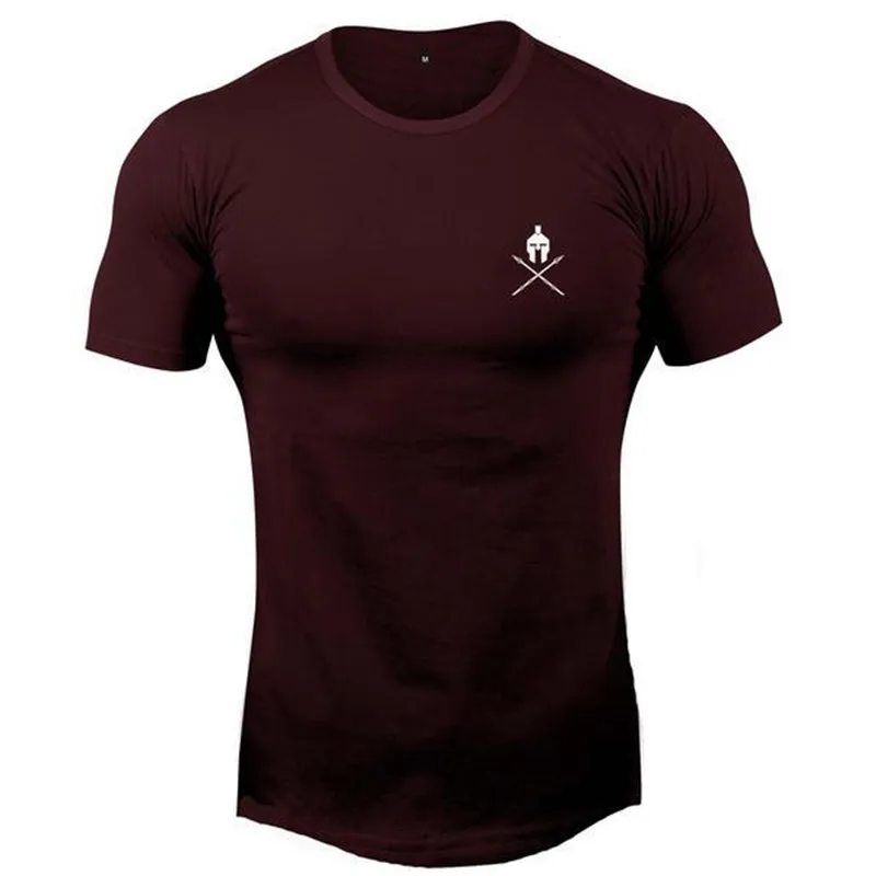 Bordeaux red Мужская Спортивная Футболка для фитнеса, хлопковая футболка для бега и тренировок, мужская Тонкая футболка с круглым воротником и принтом, модная повседневная брендовая одежда - Цвет: Bordeaux red