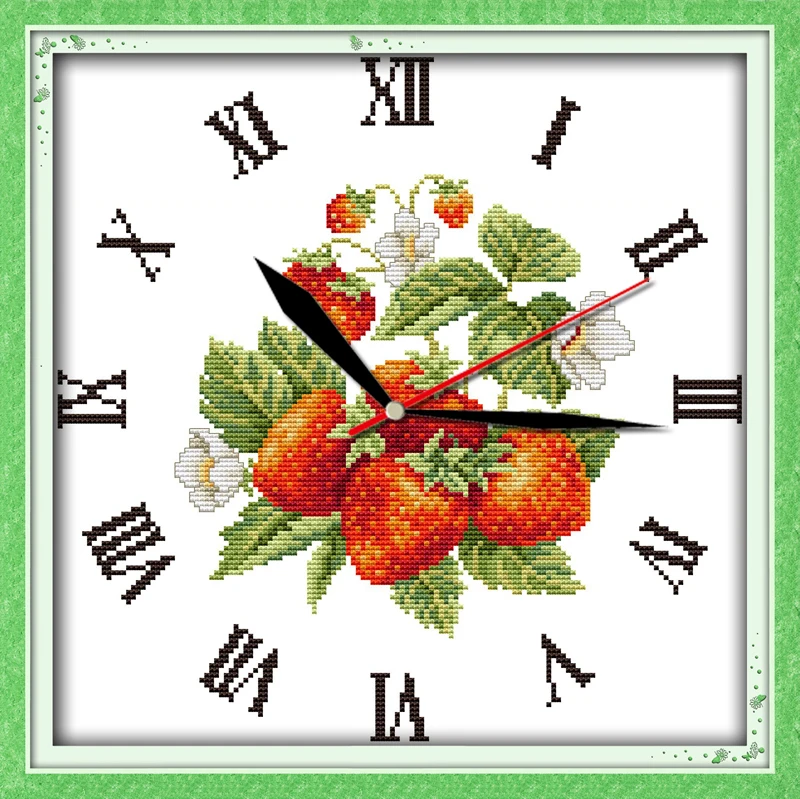 Relojes de estilo Joy Sunday para niños, kits de patrones de adorno de cocina, lienzo impreso, fresas rojas, punto de cruz, frutas