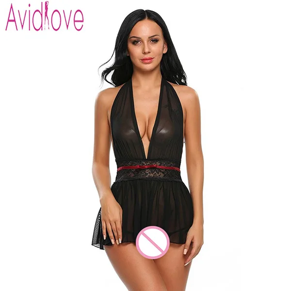 Avidlove, женское сексуальное белье, однотонное, с глубоким v-образным вырезом, эротическое белье, ночное белье, неглиже, горячая эротическая сексуальная одежда, костюмы, ночная рубашка - Цвет: Black