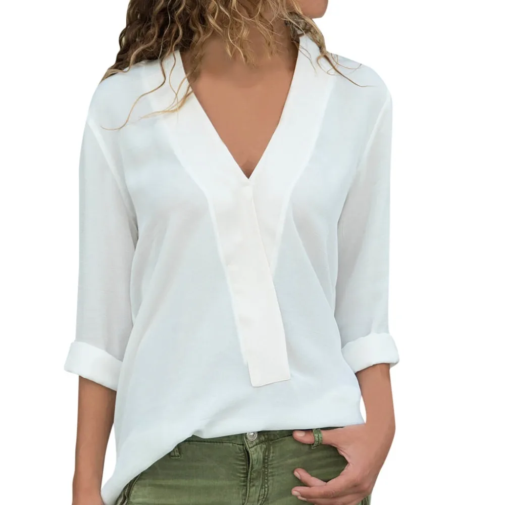 Женская однотонная шифоновая рубашка с длинным рукавом и v образным вырезом хит