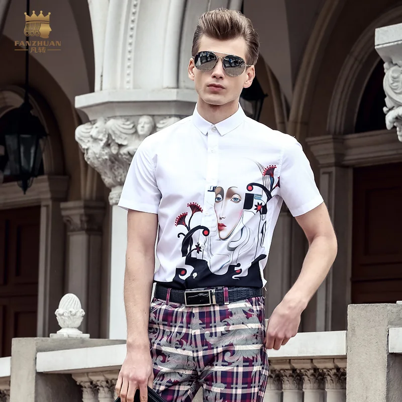 Мужская рубашка FANZHUAN с коротким рукавом и цветочным принтом Медузой лето 2017|floral