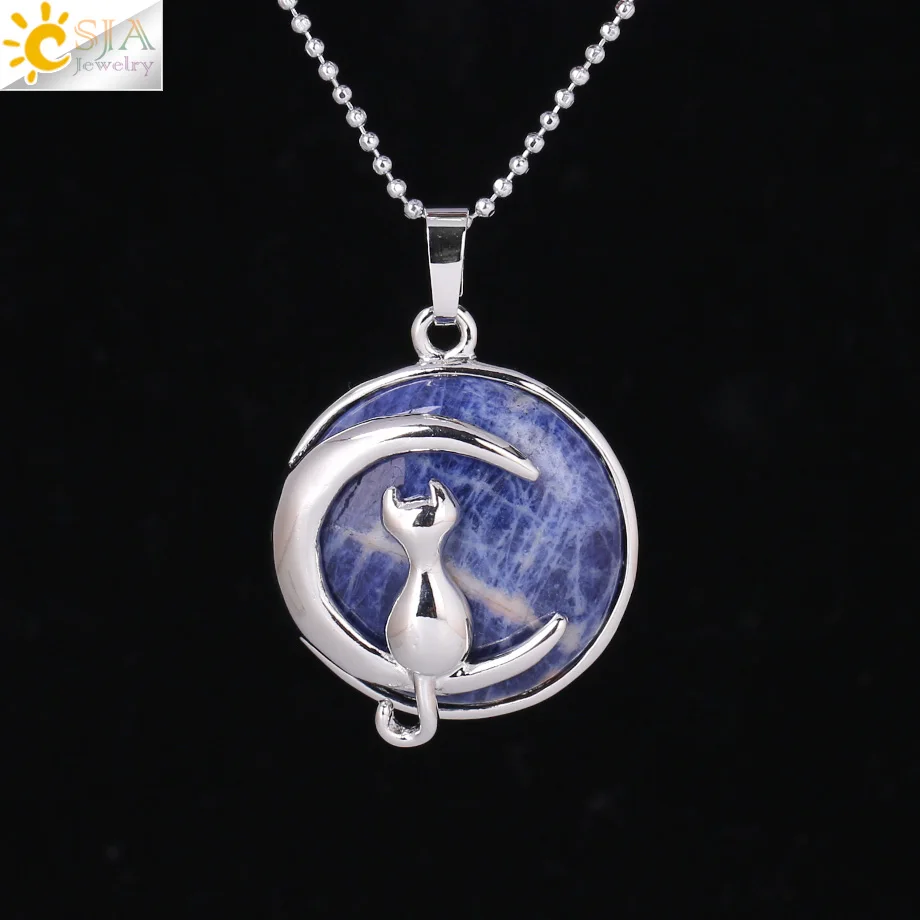 Sodalite CSJA, Новое поступление, женское ожерелье, кошка на Луне, натуральный камень, кристалл, подвеска, подвески, твердый корпус, котенок, талисманы, ювелирные изделия F341 - Окраска металла: Sodalite