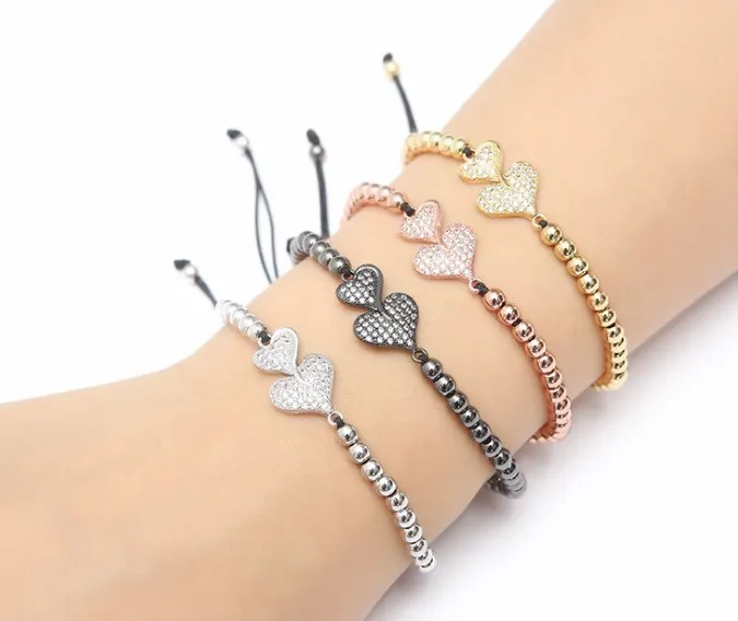 Золото серебряный микро засыпь СКЗ Кубический цирконий веревка регулируется медные бусины Браслет XY3 сердце обаяние косички ювелирные изделия женщин