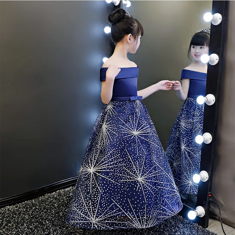 Children party dress blue star sequined ball gown birthday gift mesh satin patchwork robe wedding evening clothes one shoulder | Детская