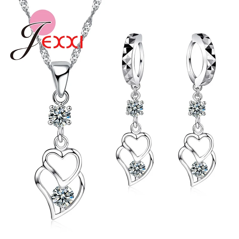 

Elegant Wedding Jewelry Sets For Women Heart to Heart Shaped 925 Sterling Silver Necklace Earrings Bijouterie Set