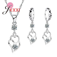 elegant wedding jewelry sets for women heart to heart shaped 925 sterling silver necklace earrings bijouterie set