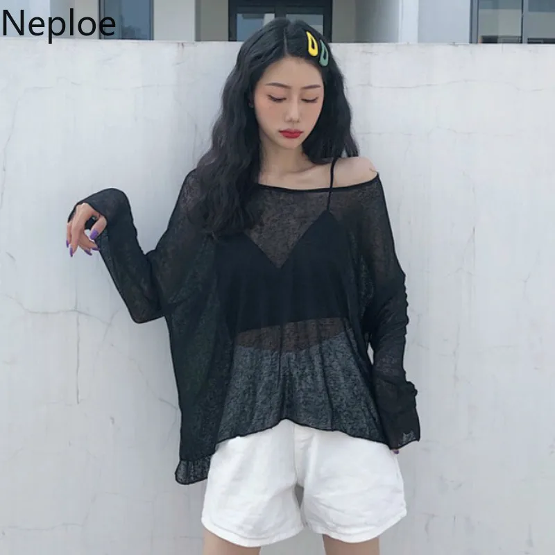 Neploe трикотажный пуловер Женская блузка лето 2019 новый круглый вырез длинный рукав