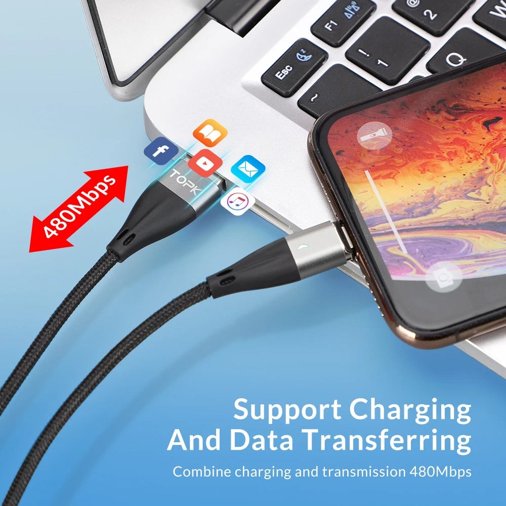 TOPK 1M 3A Magnetic Cable Fast Charging Type C USB Data For Xiaomi Redmi Note 7 Samsung | Мобильные телефоны и аксессуары