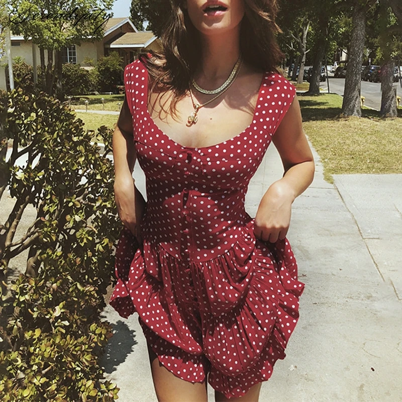 Boho Стиль в горошек Сарафан женский сексуальный элегантный красные пуговицы