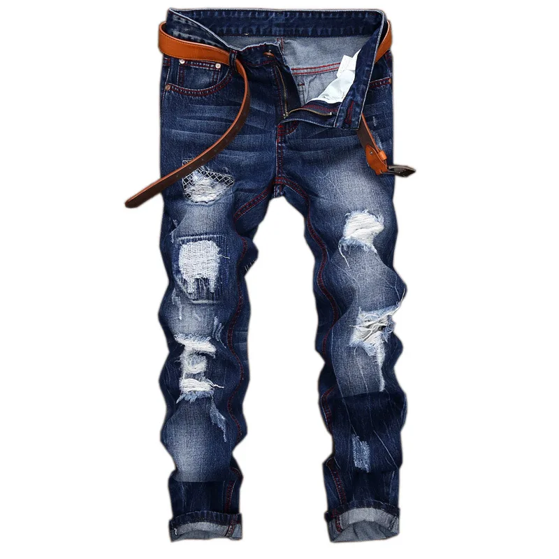 Quality Ripped Biker Jeans Mens Distressed Denim Pants Man Torn Patches Stretch Men Male Straight Slim Fit Men's Trousers | Мужская