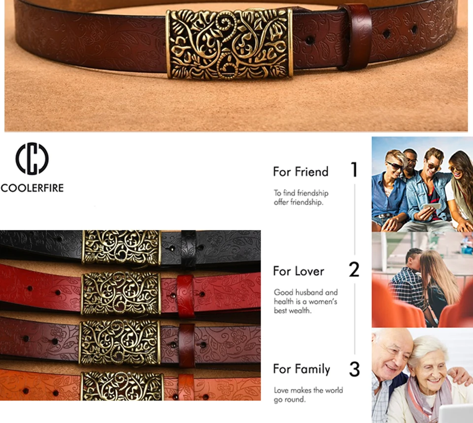 COOLERFIRE Genuine Cowskin Leather Belts For Women Carved Design Retro Metal Women Strap Female High Quality Belts LB015