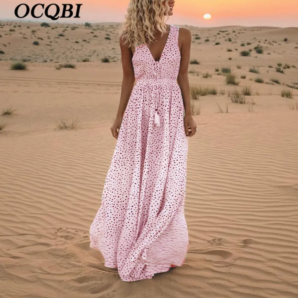 2019 пикантное пляжное повседневное платье в горошек без рукавов с V-образным