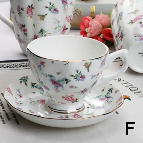 220 мл, европейский стиль, керамический кофейный набор из костяного фарфора, чашка с блюдцем, ложка, набор, ручная роспись, Cuckoo, птица, цветочный узор, черная чайная кружка - Цвет: F