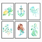 Настенная картина с изображением русалки, черепахи, медузы, морских водорослей, растений, постеры и принты на холсте в скандинавском стиле, настенные картины, декор для детской комнаты