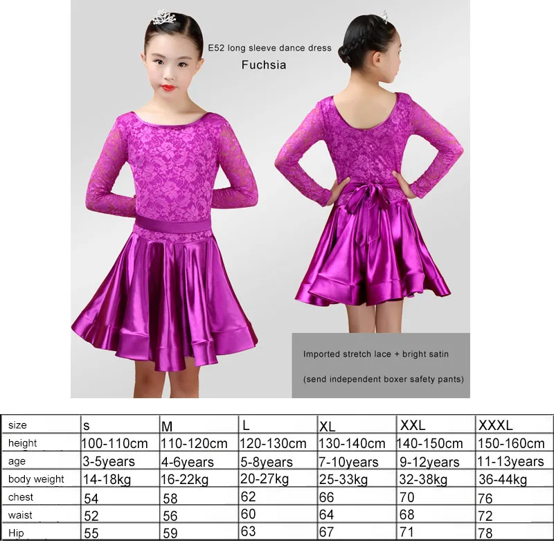 purple Long sleeve Новое платье для латиноамериканских танцев для девочек, бальная юбка для девочек, платье для девочек, атласная яркая атласная ткань, танцевальная юбка, костюм, танцевальная одежда для соревнований - Цвет: purple Long sleeve