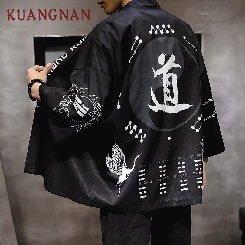 KUANGNAN китайское таосское кимоно с принтом для мужчин, японское кимоно, кардиган Harajuku, кимоно, рубашка для мужчин, уличная Мужская гавайская рубашка