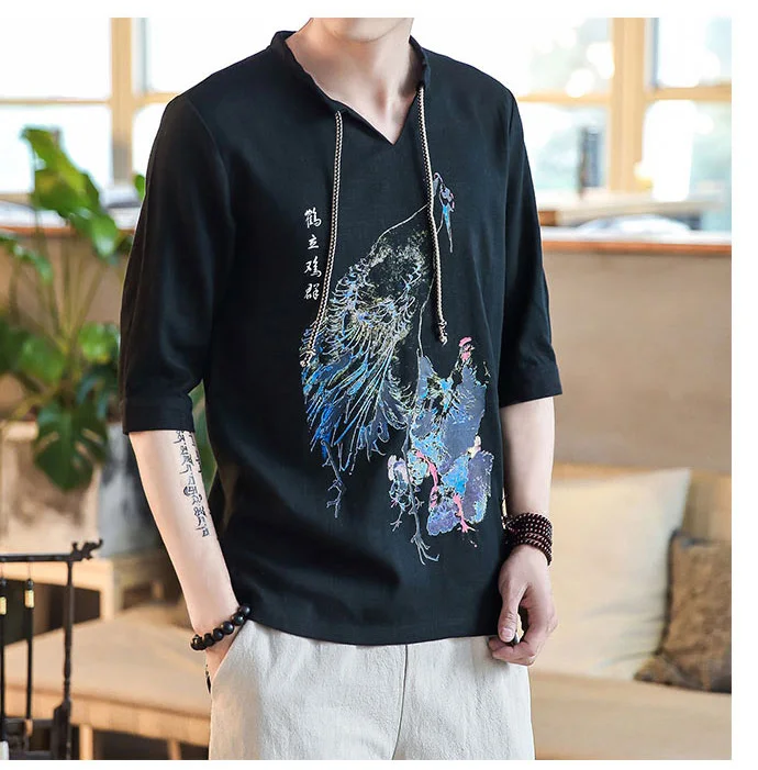 plus size black Новые летние мужские рубашки XXXL льняной хлопок в китайском стиле с принтом кран Половина рукава Мужская рубашка без воротника плюс Азиатский Размер M-5XL - Цвет: plus size black