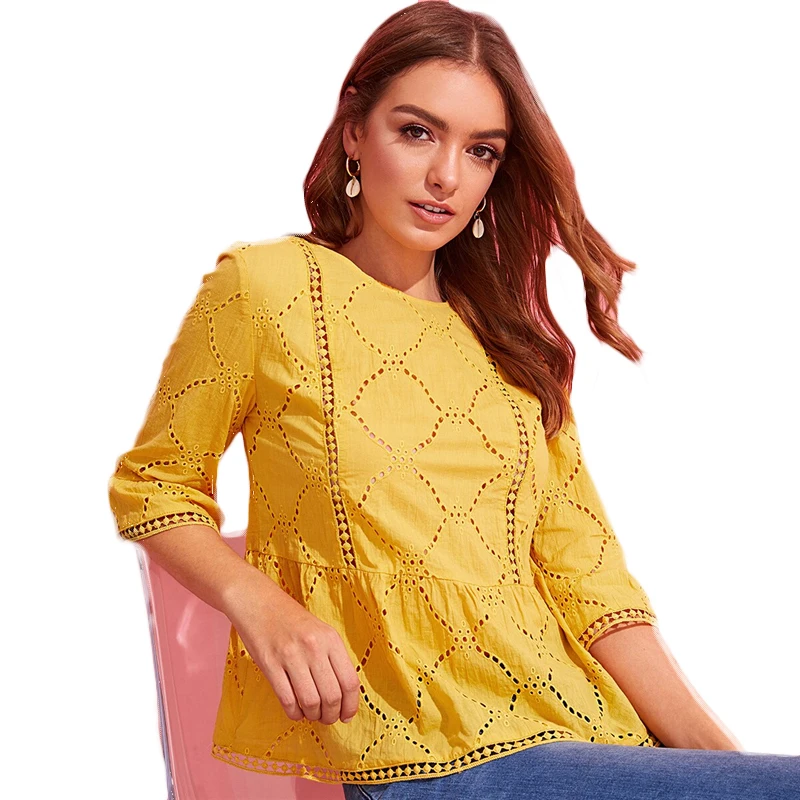 SHEIN, топ с баской на спине, блузка, желтый, бохо, однотонный, кружево, с ушками, вышивка, оборки на подоле, женские летние блузки