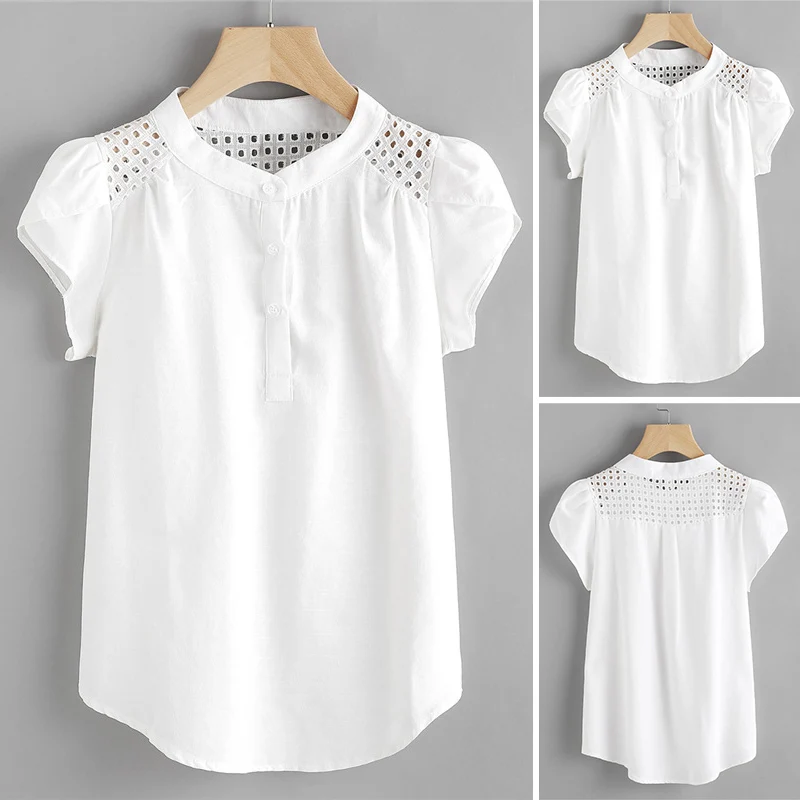 Women Tops Shoulder Hollow Blouse Button Holiday Round Neck Female Shirt White Elegant Office Work Shirts |