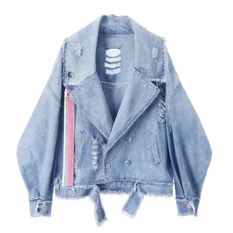 

Women Frayed Denim Jacket Boyfriend Jeans Coat Streetwear Bomber Jacket Vintage Autumn Elegant Basic Outerwear Large Size M59