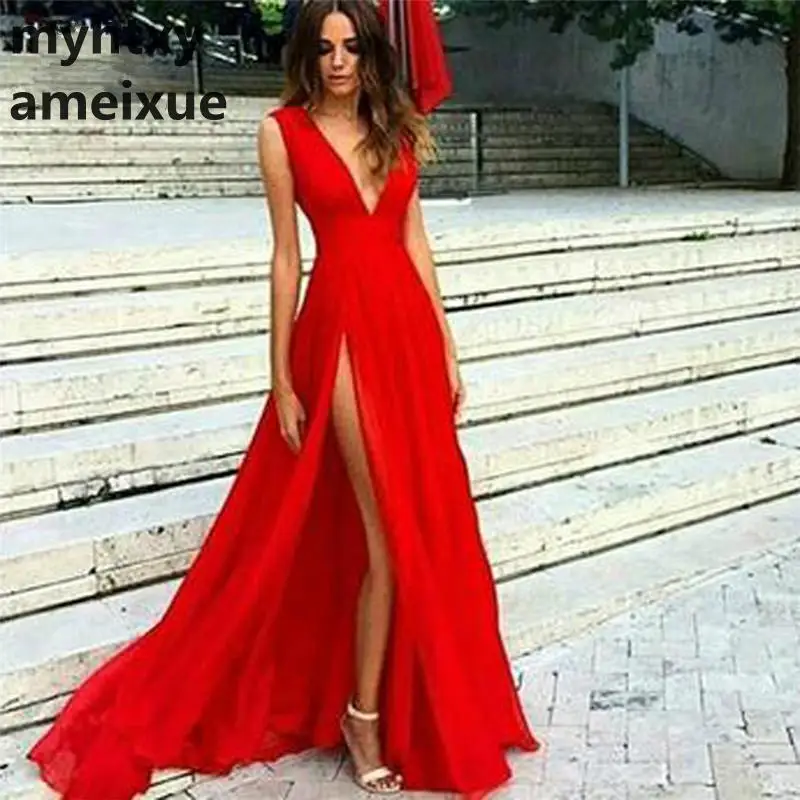 Wellbridal красный разрез Выпускные платья Длинные глубокий v-образный вырез без рукавов шифон формальное вечернее платье дешевое вечернее платье кафтан