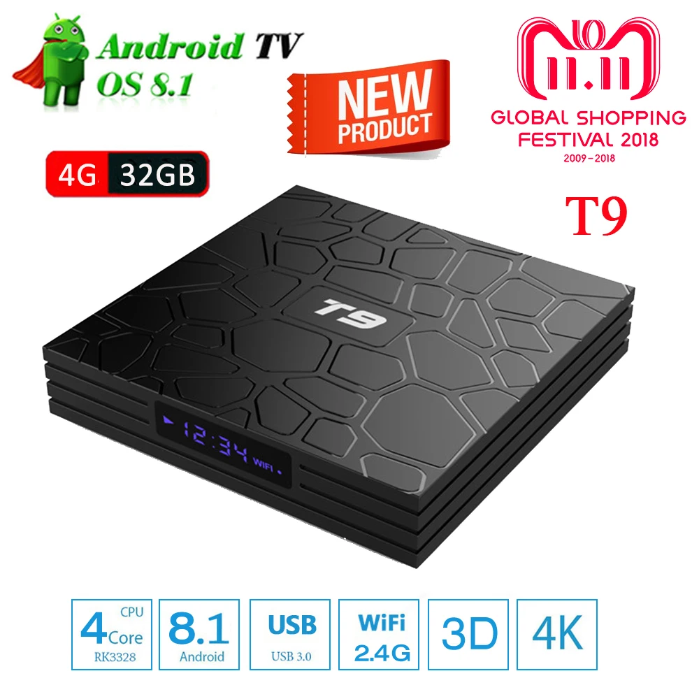 T9 Android 8 1 Smart ТВ BOX 4 Гб Оперативная память 32 ГБ Встроенная RK3328 ядра телеприставки