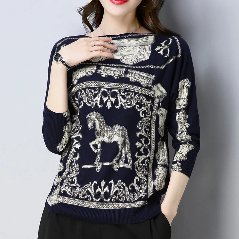 

Vintage Runway Designer Brand Knitted Sweater 2018 Women Slash Neck Pullovers Print Long Sleeve Korean Fashion Jumper Autumn