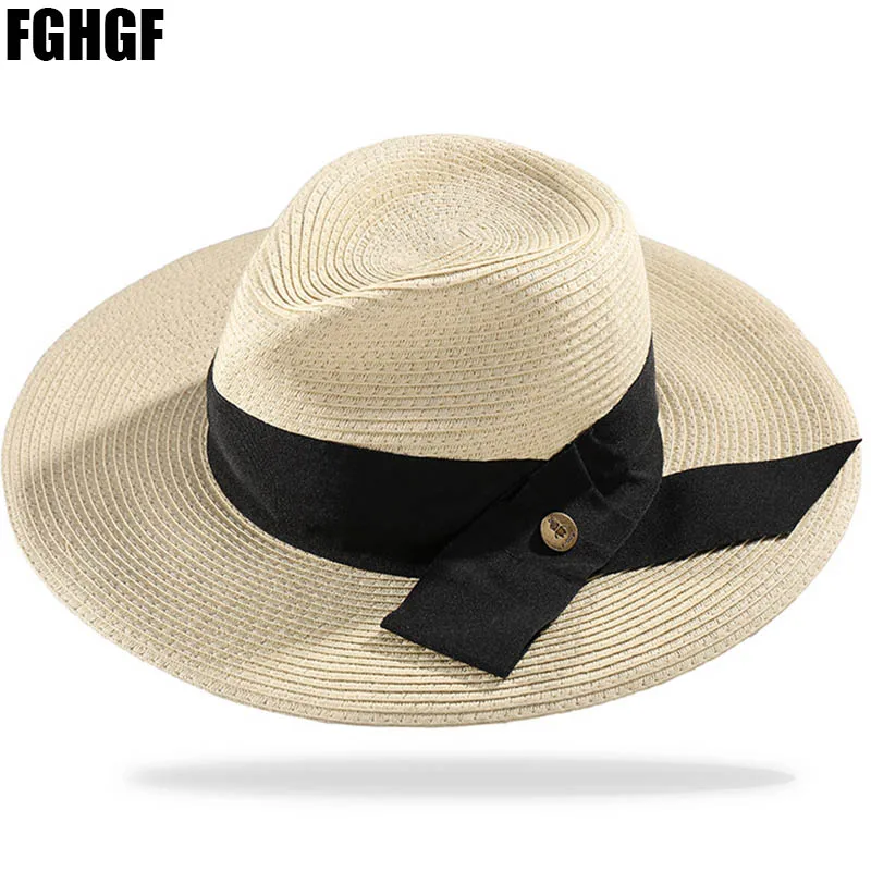 

FGHGF Natural Women Summer Wide Brim Panama Straw Hats Floppy Kentucky Derby Hat Big Black Ribbon Fedora Beach Sun Hat UPF50+