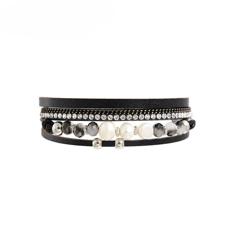 A32357-Black Шотландский танец горный хрусталь кожа женские с магнитом Застежка ручной Подарочный Шарм 8 Форма изделия бесконечности многослойный браслет кристалл - Окраска металла: A32357-Black