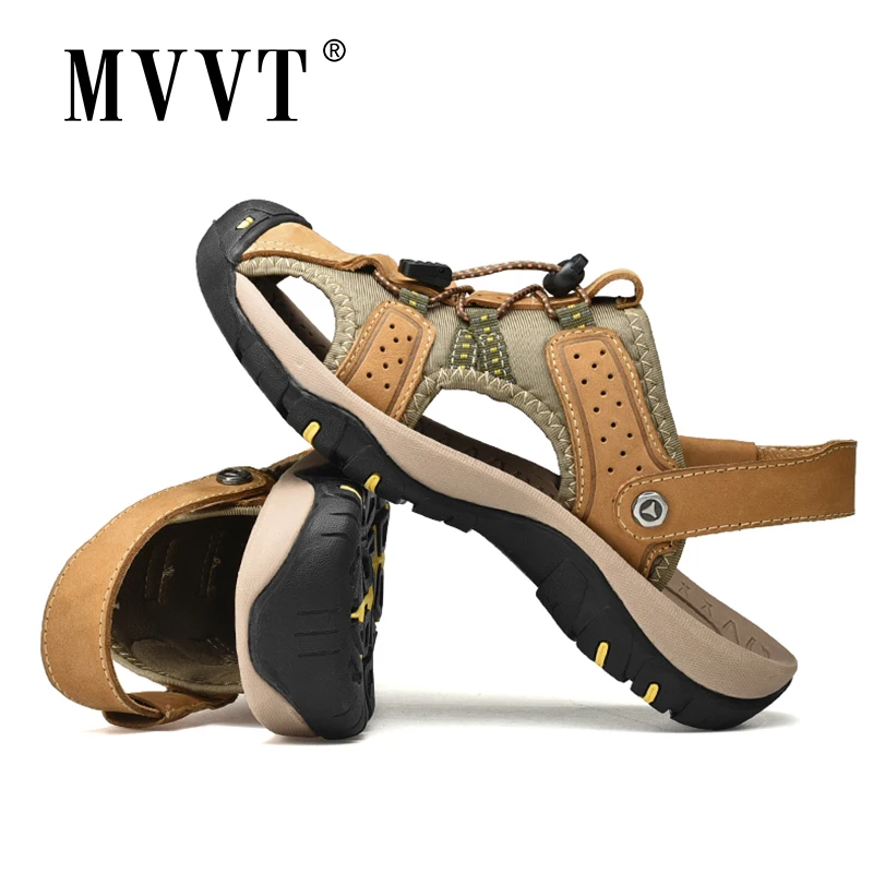 

Classic Genuine Leather Sandals Men Summer Shoes Lightweight Comfort Men Beach Sandals Hook Loop Leather Men Shoes Plus Size