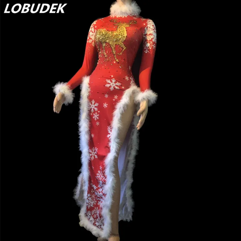 Рождественский стиль женские сексуальные красные кристаллы белый пух Cheongsam