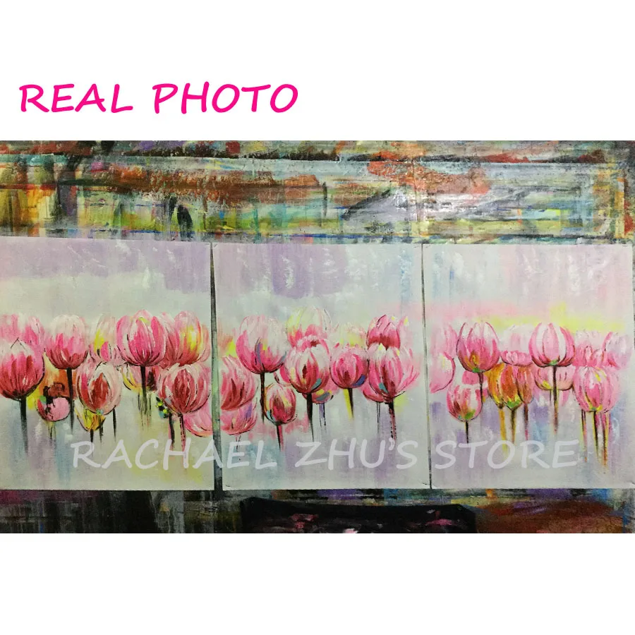 

Hand Painted Modern Abstract Three panles Oil Painting Pink Tulip 3 pieces/set Wall Picture Living Room Home Wall Decoration Art