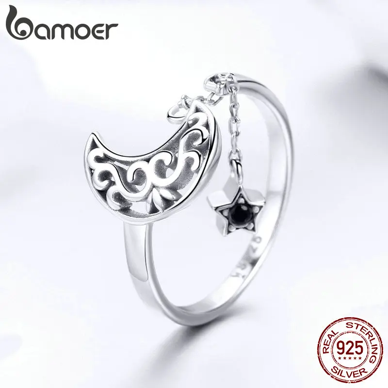 BAMOER, настоящее 925 пробы, серебряная Луна и звезда, длинная цепочка, звезда, регулируемое кольцо на палец для женщин, ювелирные изделия из стерлингового серебра SCR479