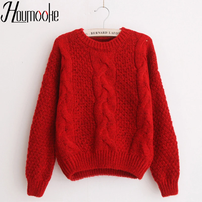Houmooke Women Autumn Winter Cheap Sweaters Warm Thick Pullover and Jumpers Twisted Christmas Pull Femme Red Sweater out Tops | Женская