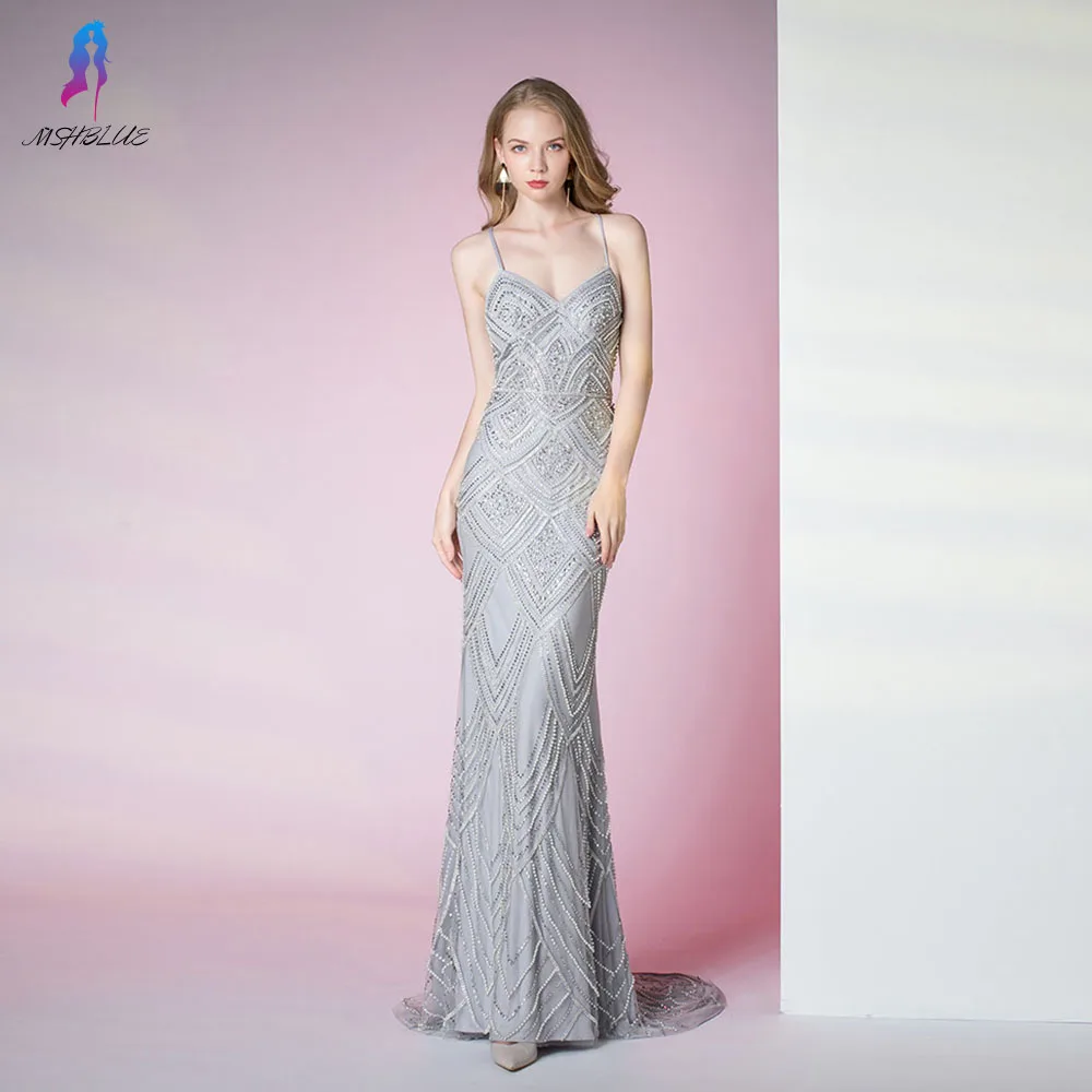 Robe De Soiree Сексуальные Серебряные Кристаллы Вечерние платья Длинные ремни Спагетти Бисером официальное платье с юбкой-годе платья с открытой спиной MSHBLUE